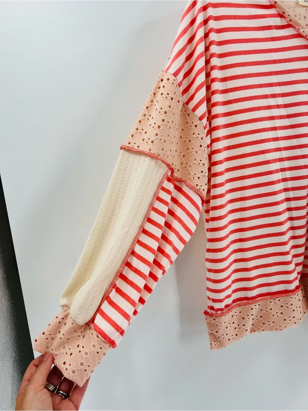 HAPTICS Boho Colorblock Eyelet Stripe Top Peach Cream M New in Bag - Picture 8 of 15